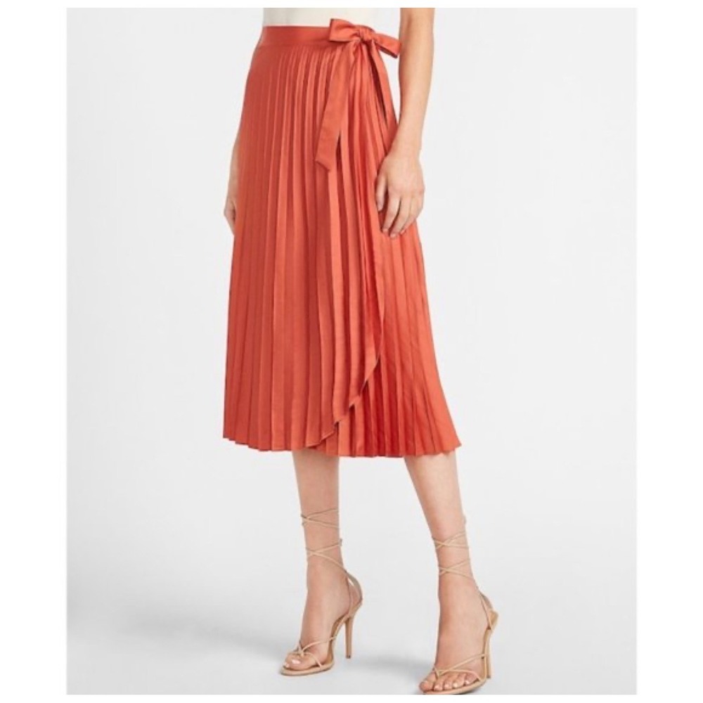 NWT Express Orange Pleated Midi Skirt Tie Waist Wrap Style Flowy Lightweight XL